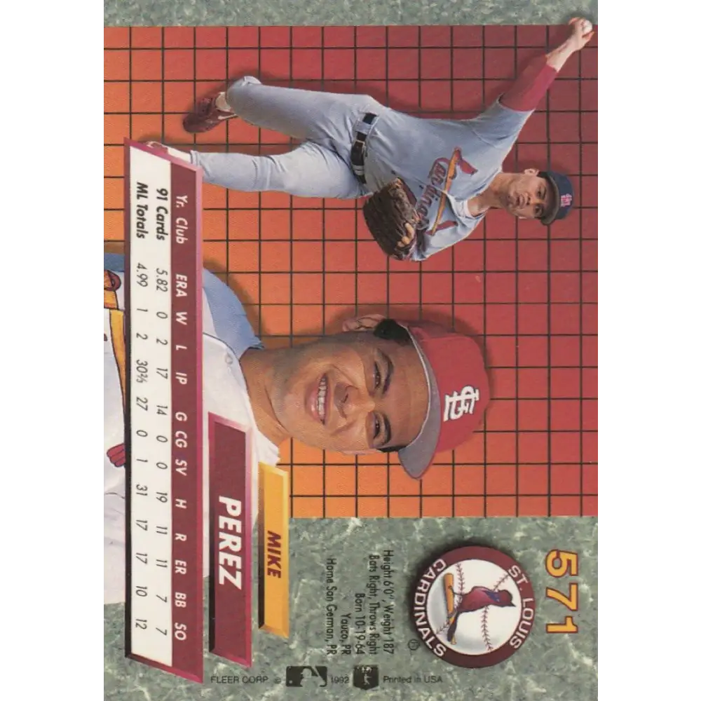 1992 Fleer Ultra #571 Mike Perez NM-MT St. Louis Cardinals Baseball Card Image 2