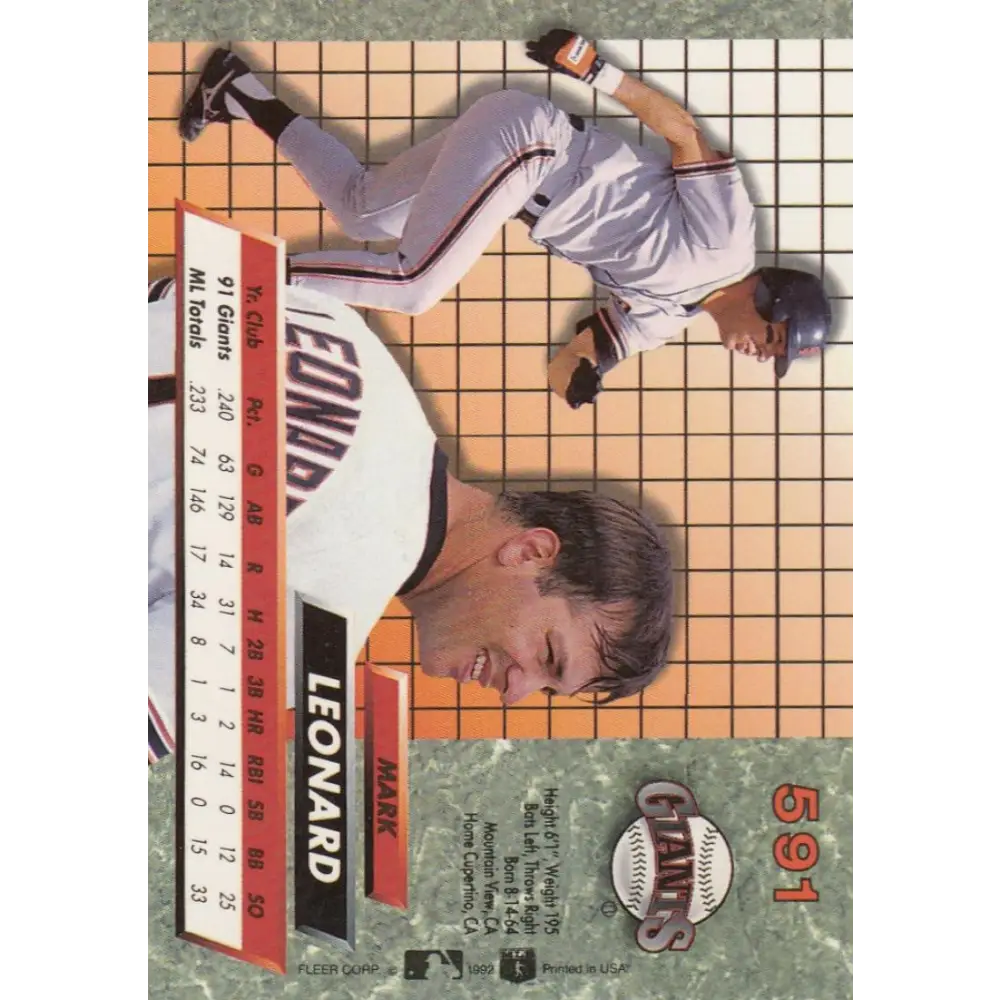 1992 Fleer Ultra #591 Mark Leonard NM-MT San Francisco Giants Baseball Card Image 2