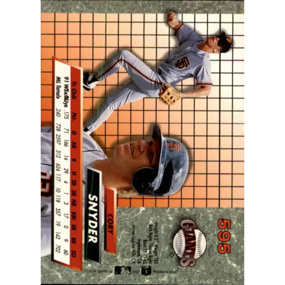 1992 Fleer Ultra #595 Cory Snyder NM-MT San Francisco Giants Baseball Card Image 2