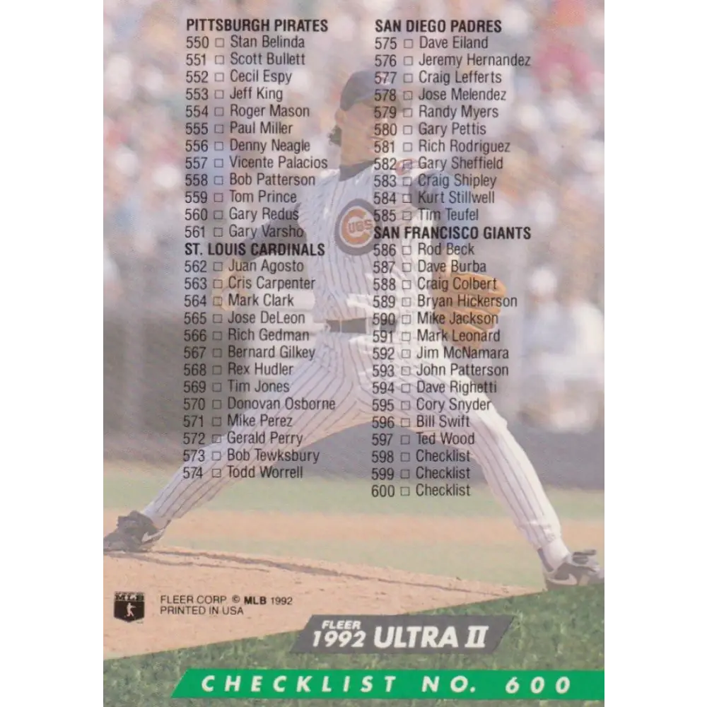 1992 Fleer Ultra #600 Mike Morgan Checklist 501-600 NM-MT Chicago Cubs Baseball Card Image 2