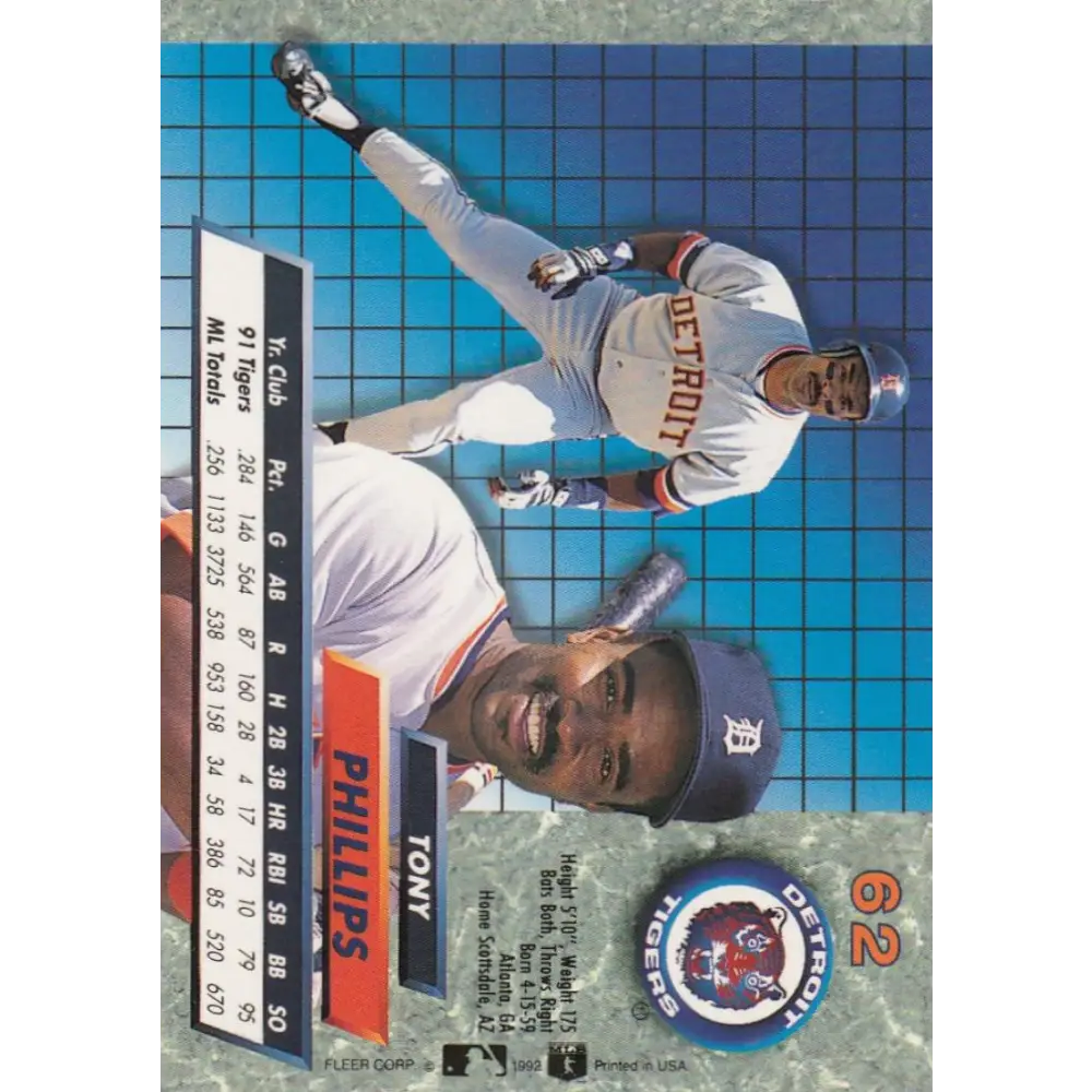 1992 Fleer Ultra #62 Tony Phillips NM-MT Detroit Tigers Baseball Card Image 2