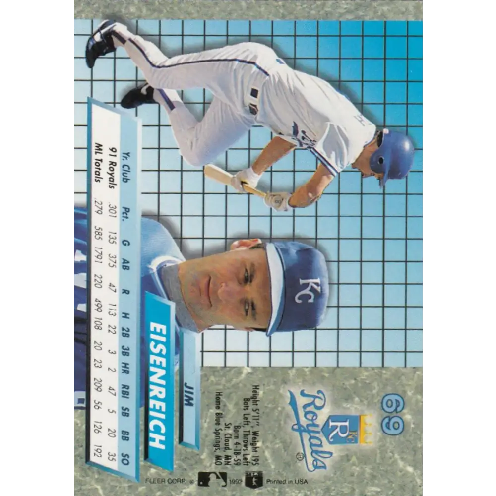 1992 Fleer Ultra #69 Jim Eisenreich NM-MT Kansas City Royals Baseball Card Image 2