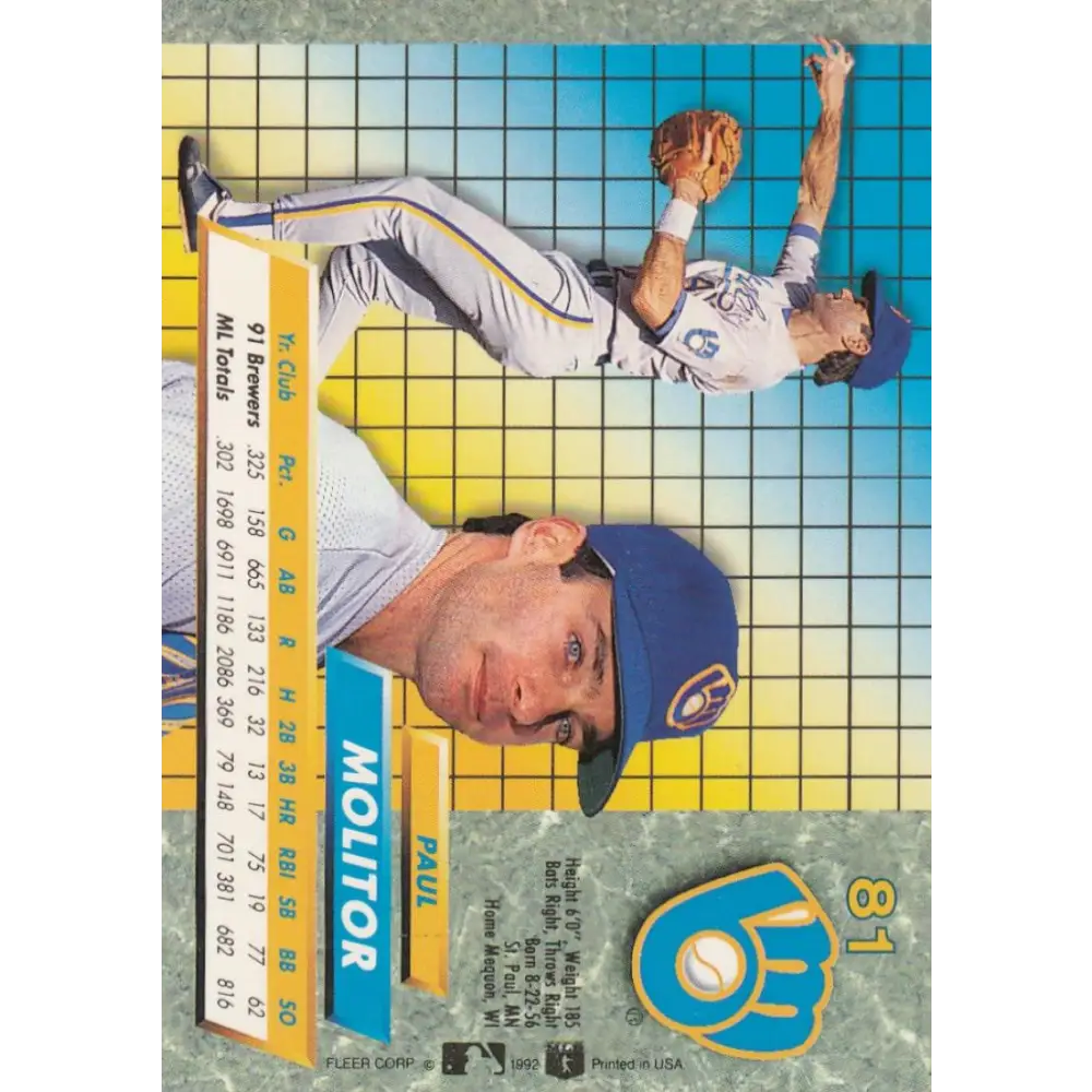 1992 Fleer Ultra #81 Paul Molitor NM-MT Milwaukee Brewers Baseball Card Image 2