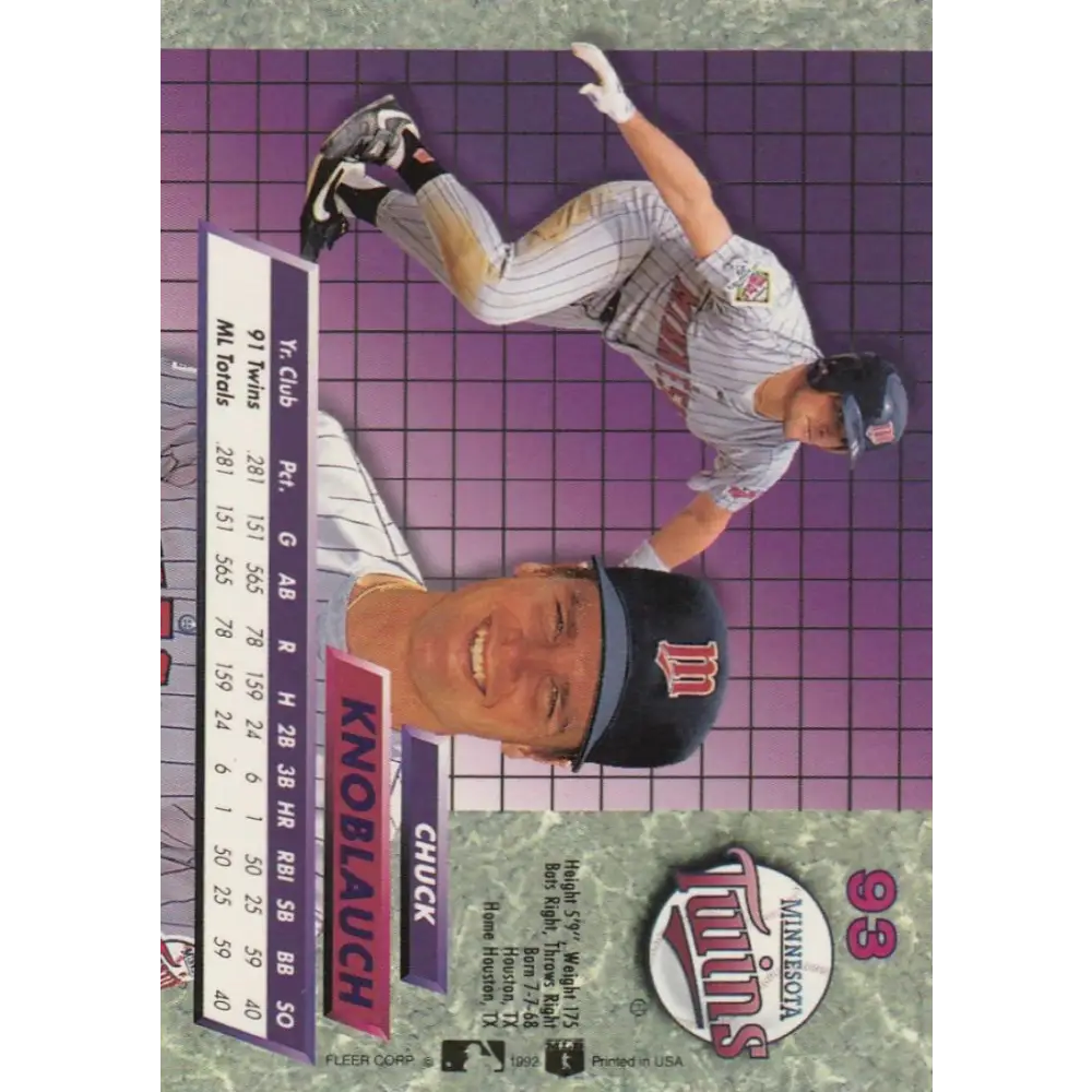 1992 Fleer Ultra #93 Chuck Knoblauch NM-MT Minnesota Twins Baseball Card Image 2