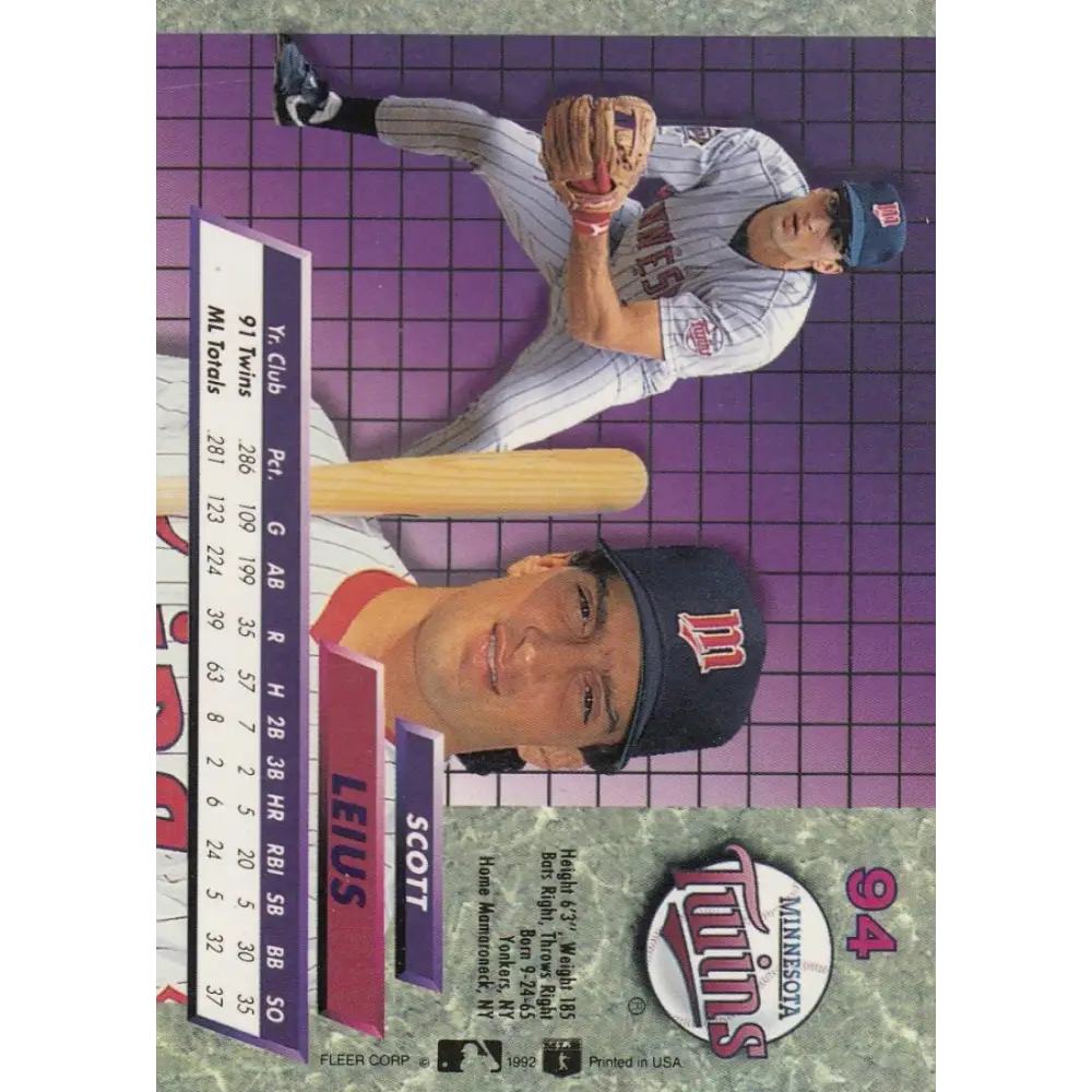 1992 Fleer Ultra #94 Scott Leius NM-MT Minnesota Twins Baseball Card Image 2