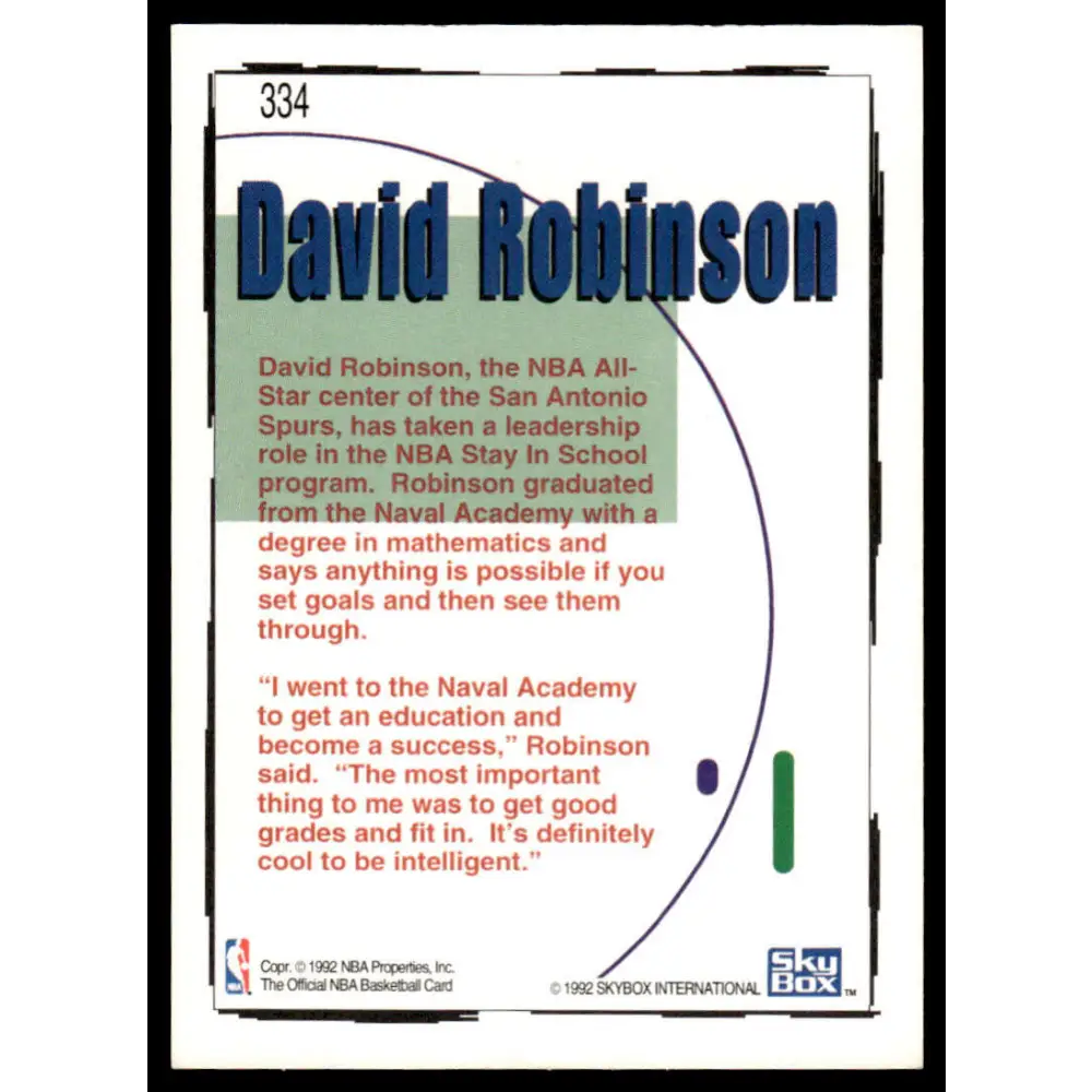1992 Hoops #334 David Robinson NM/MT San Antonio Spurs Basketball Card Image 2