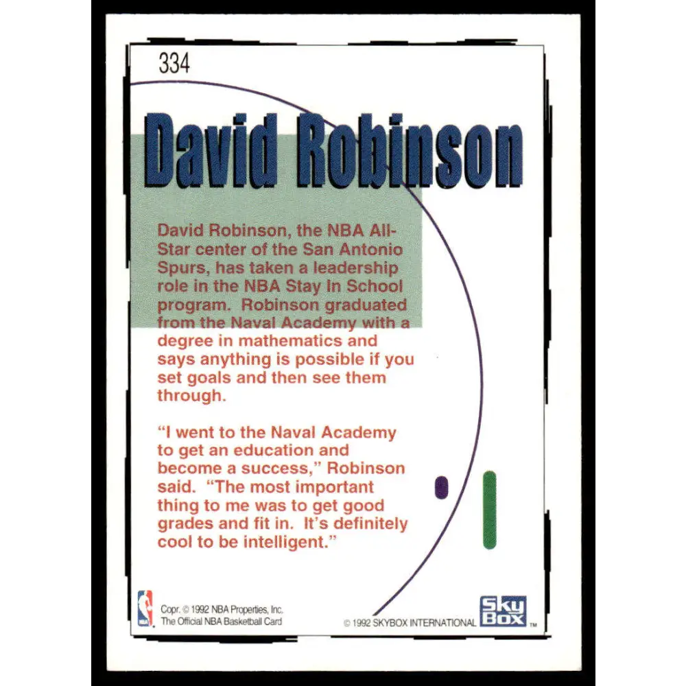 1992 Hoops #334 David Robinson NM/MT San Antonio Spurs Basketball Card Image 2