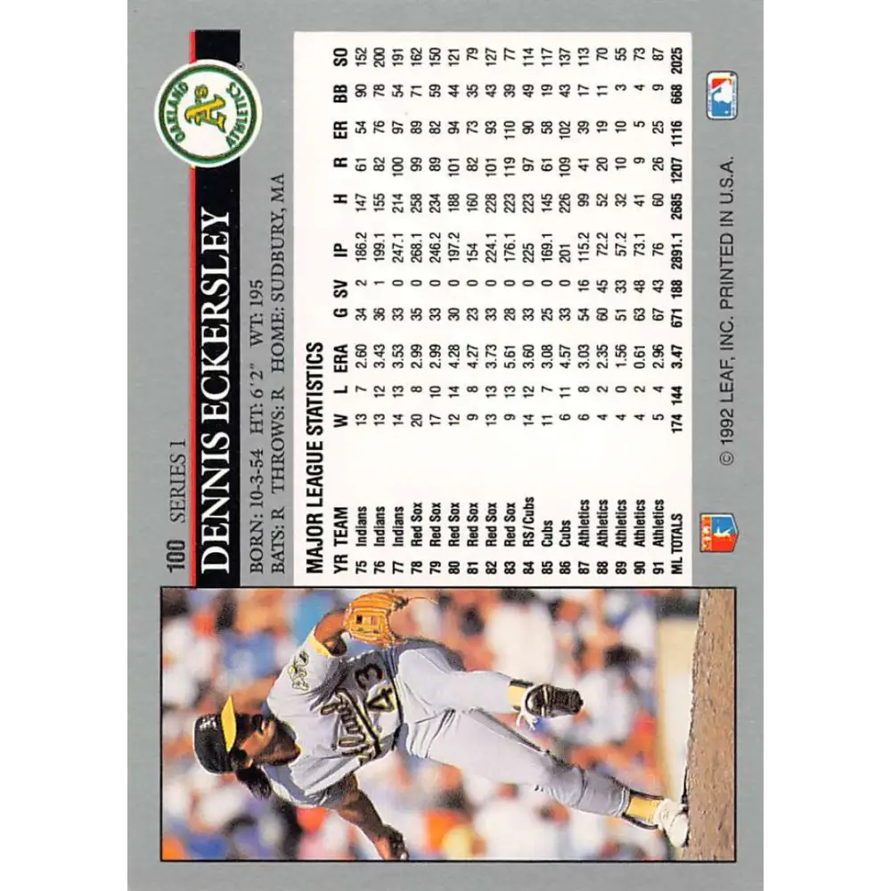 1992 Leaf #100 Dennis Eckersley NM-MT Oakland Athletics Baseball Card Image 2