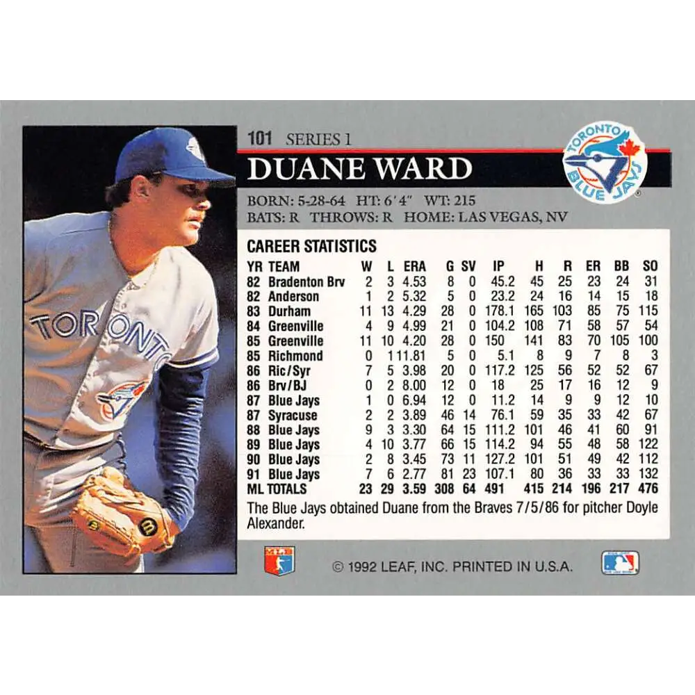 1992 Leaf #101 Duane Ward NM-MT Toronto Blue Jays Baseball Card Image 2
