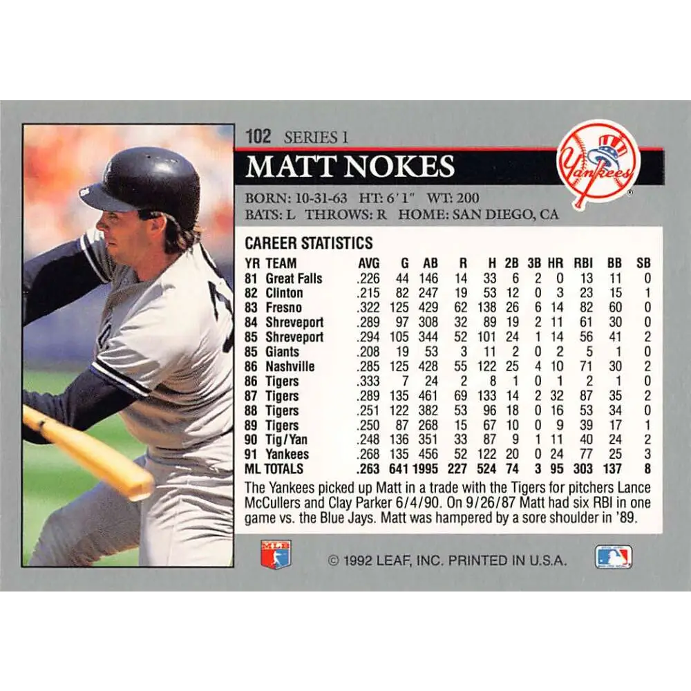 1992 Leaf #102 Matt Nokes NM-MT New York Yankees Baseball Card Image 2