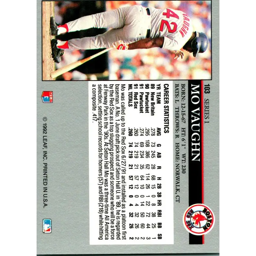 1992 Leaf #103 Mo Vaughn NM-MT Boston Red Sox Baseball Card Image 2