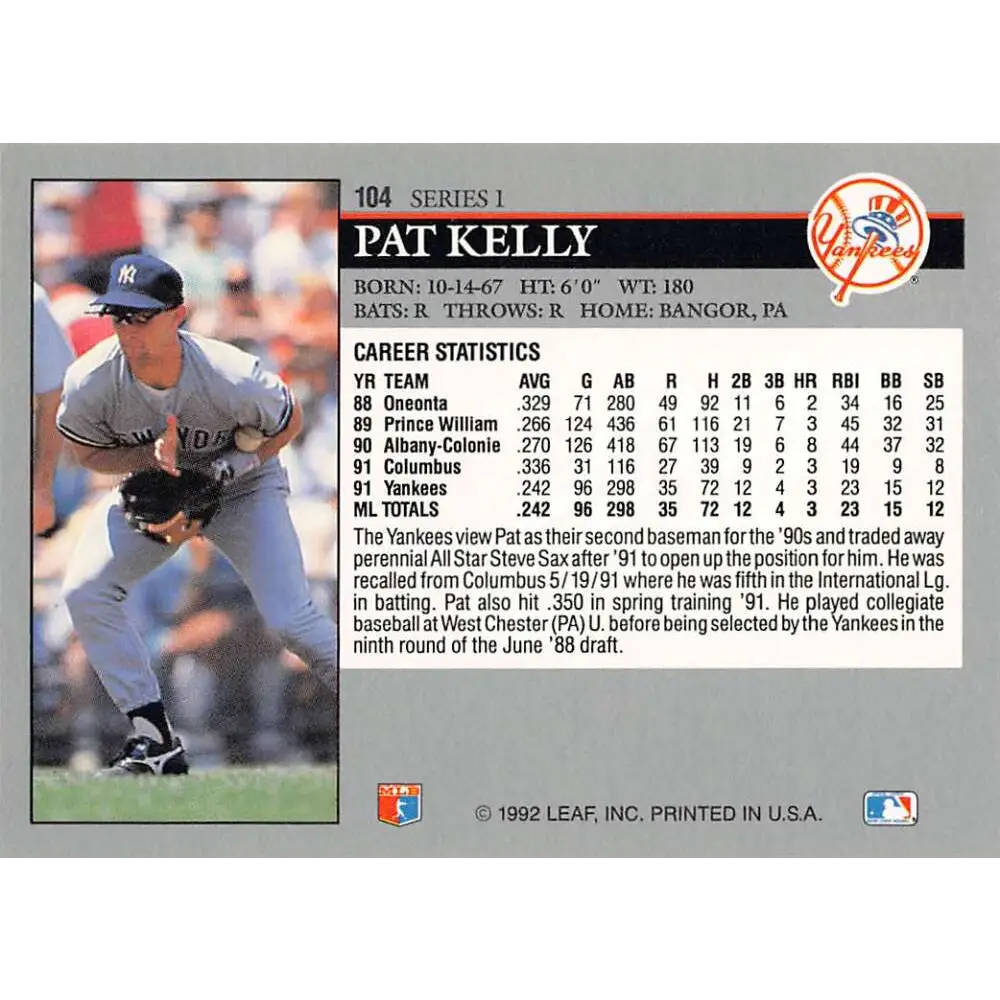 1992 Leaf #104 Pat Kelly NM-MT New York Yankees Baseball Card Image 2