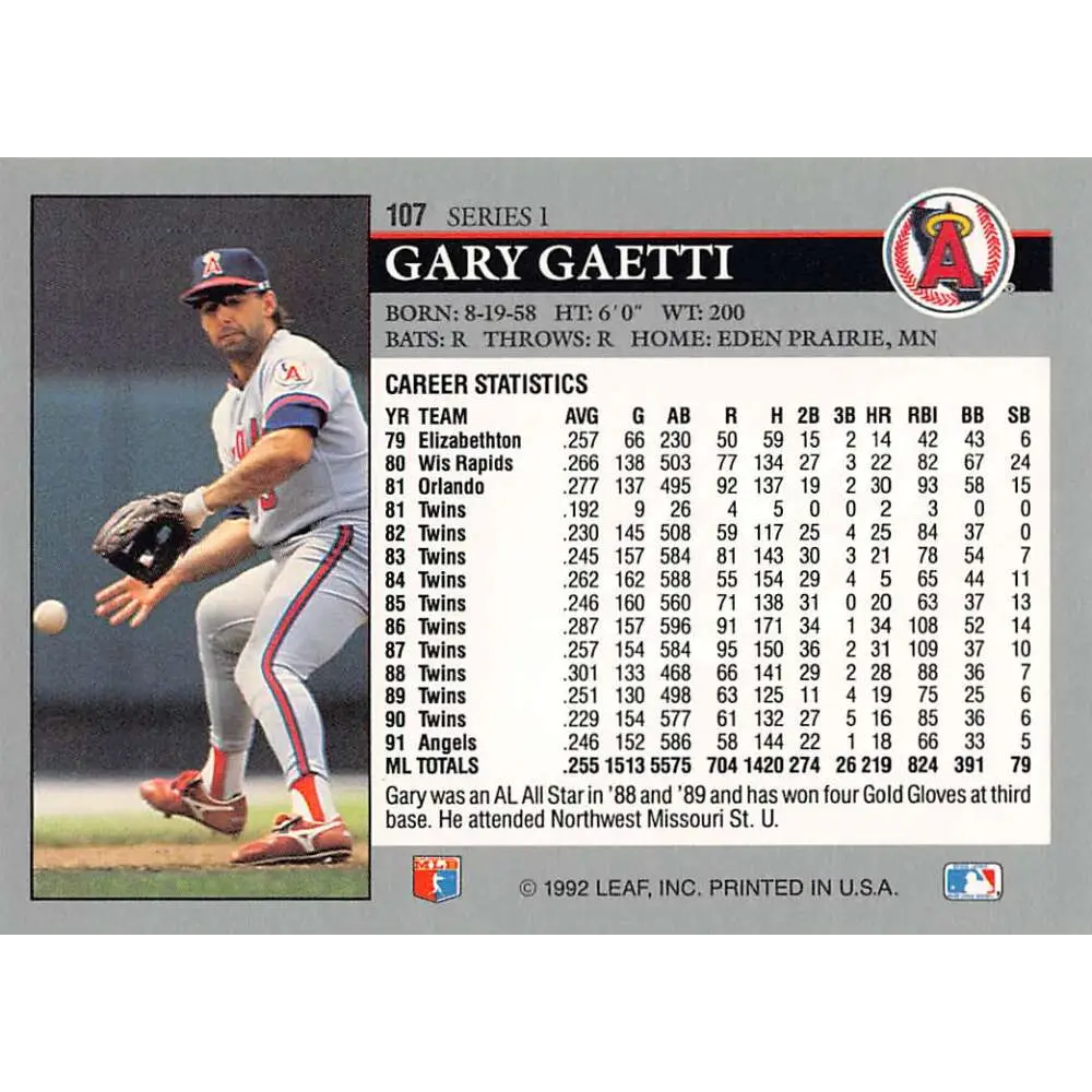 1992 Leaf #107 Gary Gaetti NM-MT California Angels Baseball Card Image 2