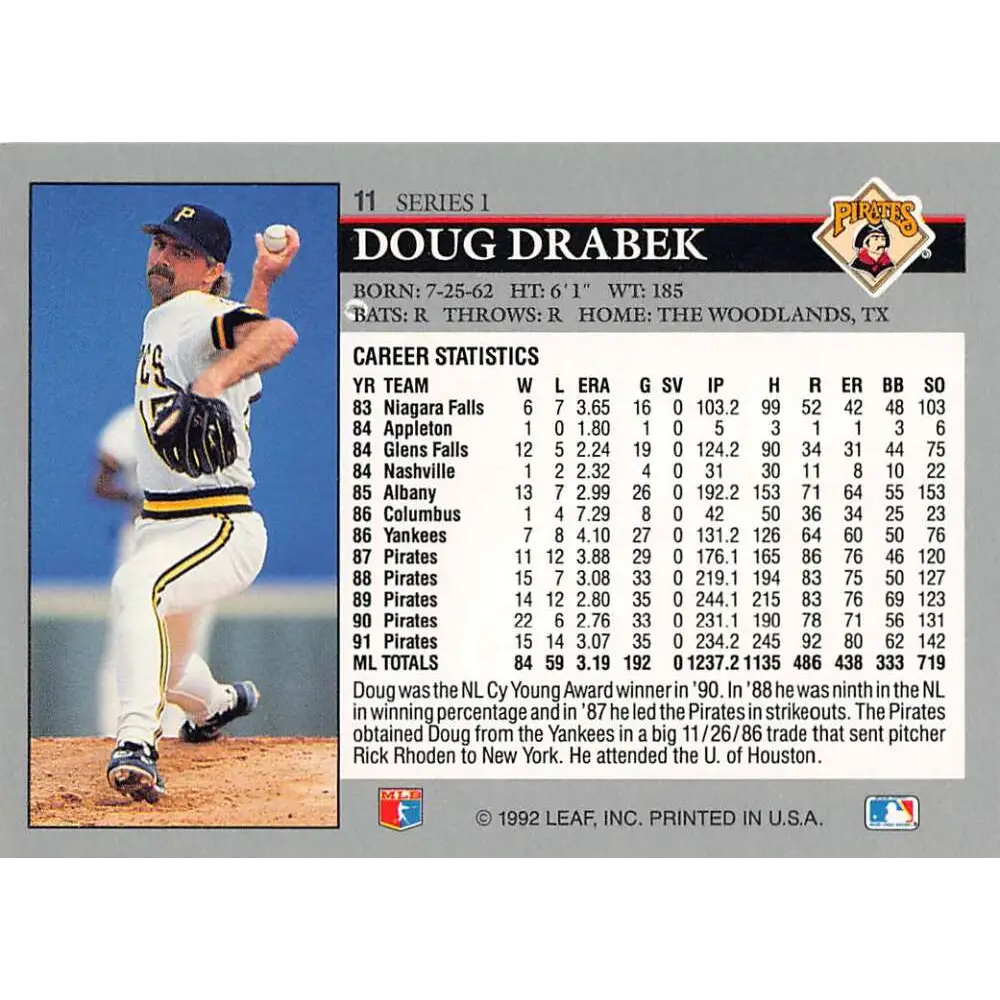 1992 Leaf #11 Doug Drabek NM-MT Pittsburgh Pirates Baseball Card Image 2