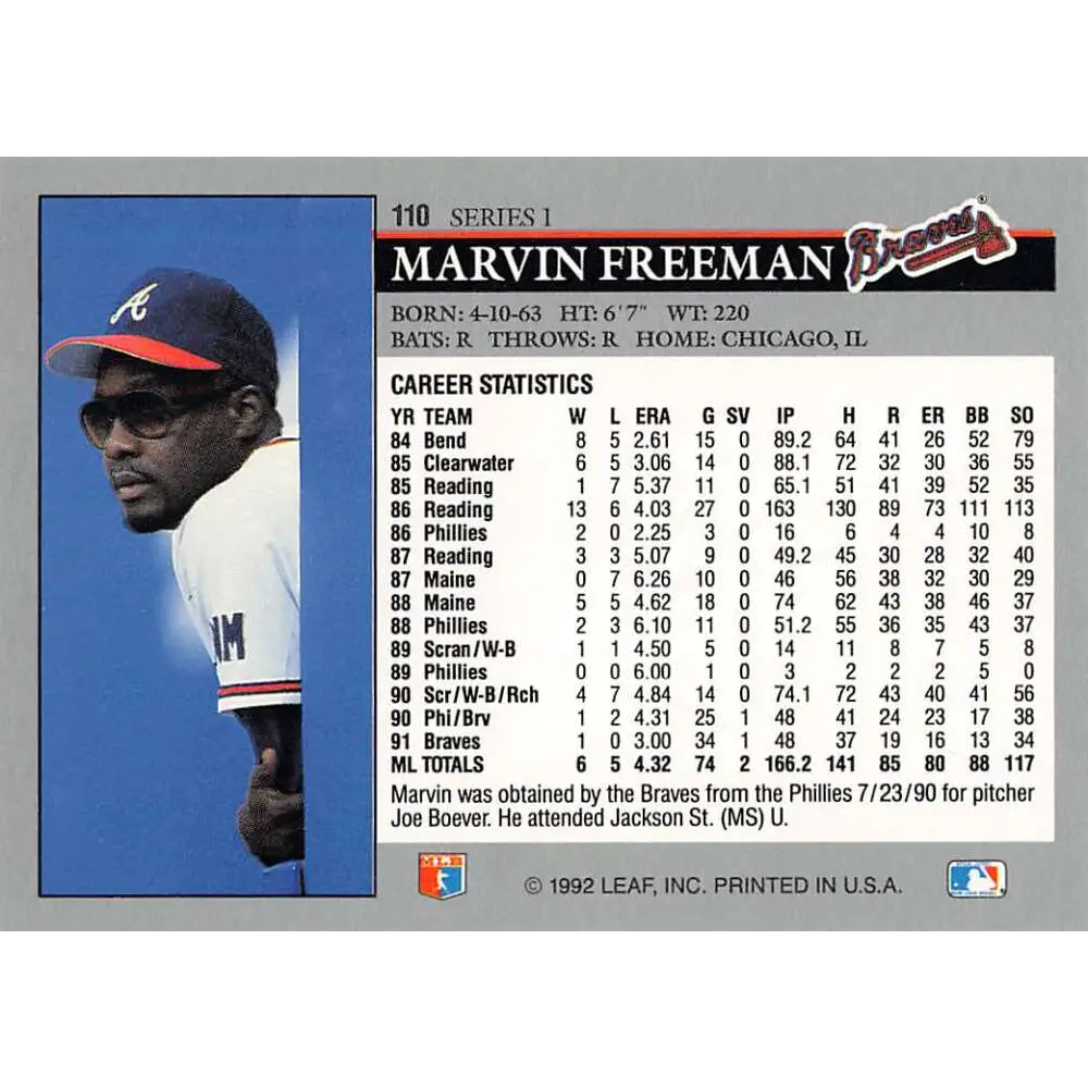 1992 Leaf #110 Marvin Freeman NM-MT Atlanta Braves Baseball Card Image 2