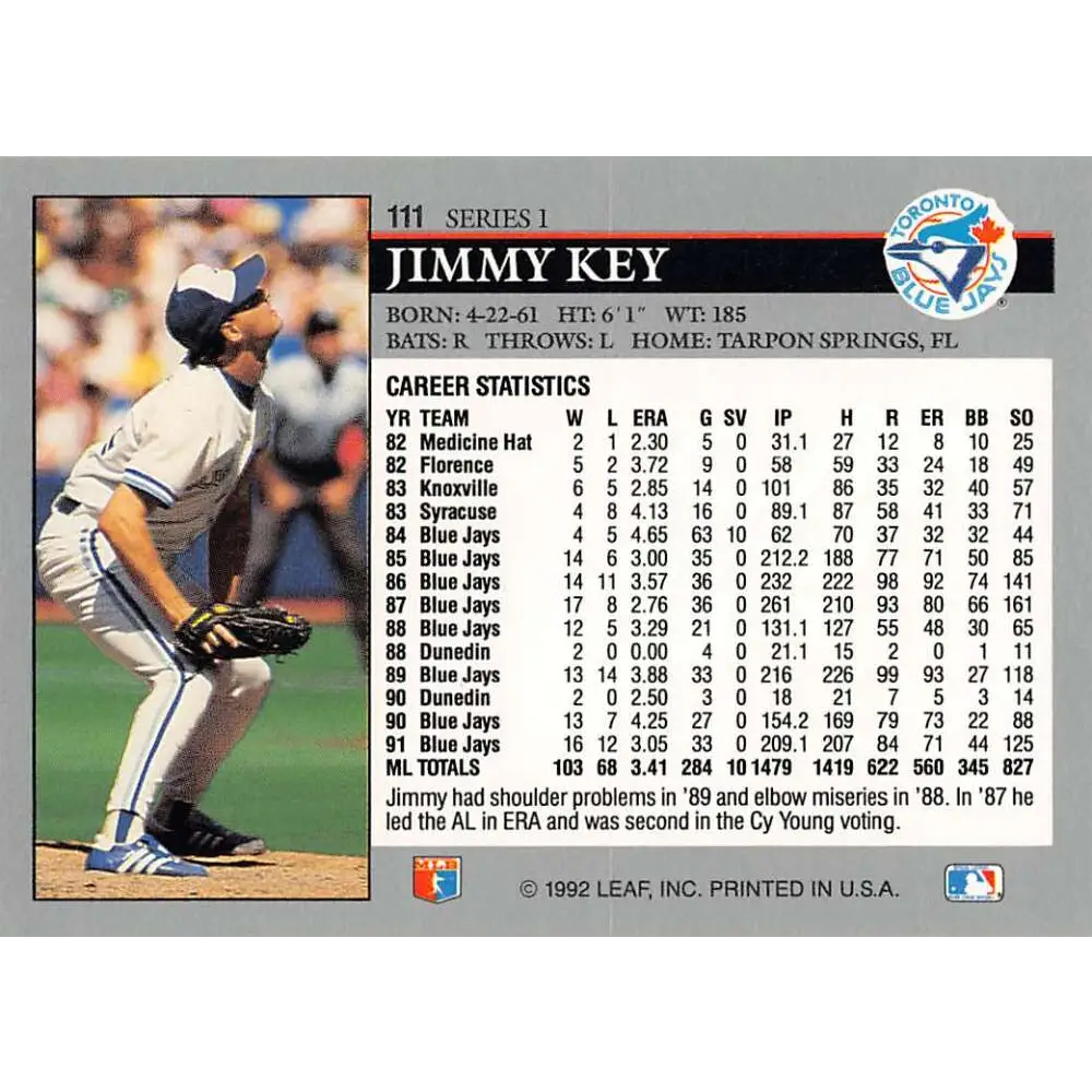 1992 Leaf #111 Jimmy Key NM-MT Toronto Blue Jays Baseball Card Image 2
