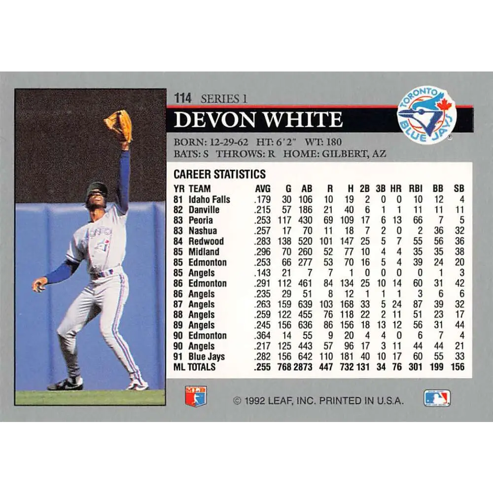 1992 Leaf #114 Devon White NM-MT Toronto Blue Jays Baseball Card Image 2