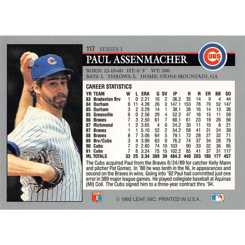 1992 Leaf #117 Paul Assenmacher NM-MT Chicago Cubs Baseball Card Image 2