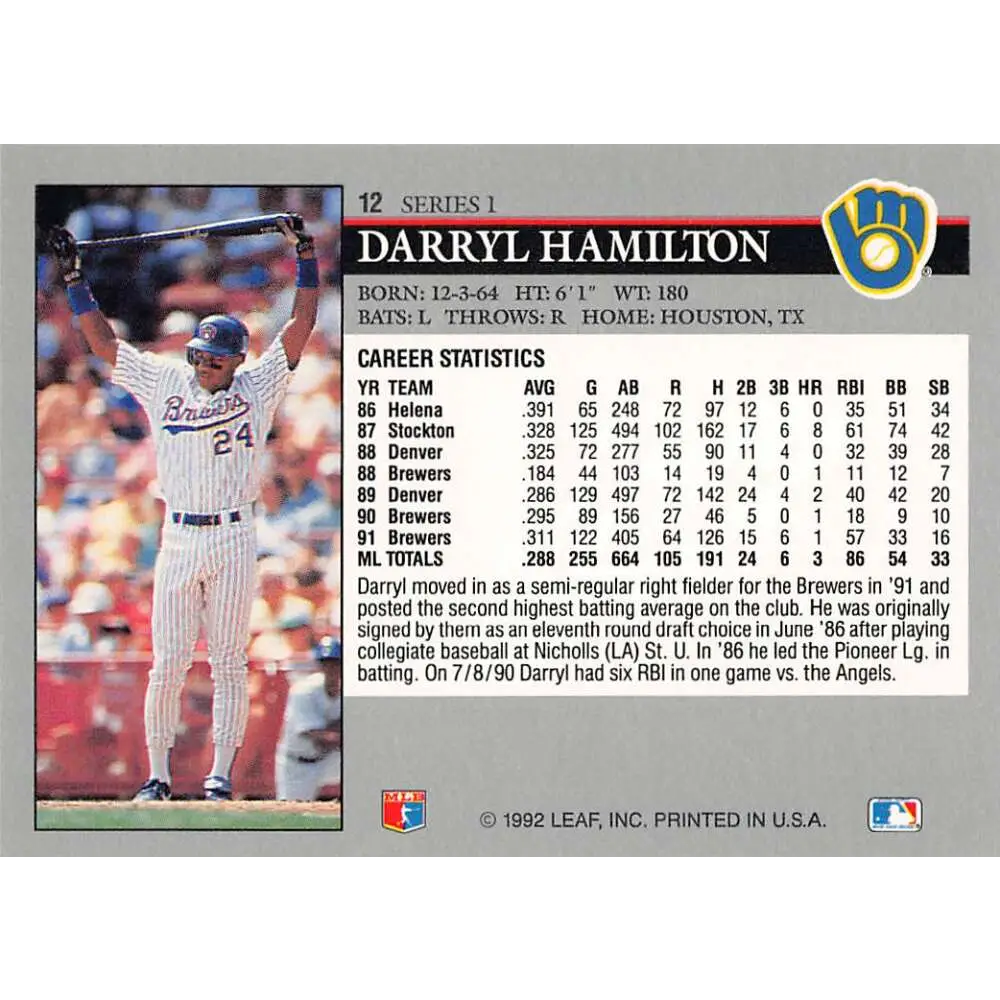 1992 Leaf #12 Darryl Hamilton NM-MT Milwaukee Brewers Baseball Card Image 2