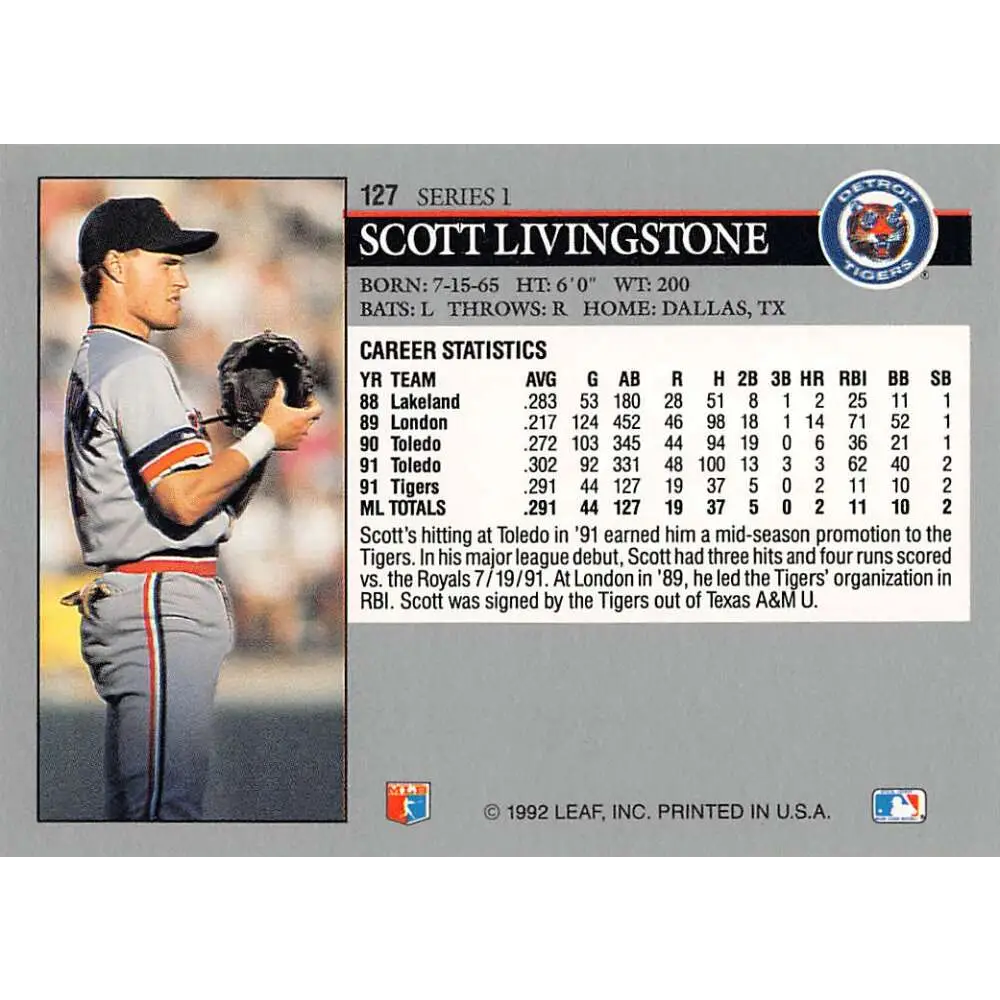 1992 Leaf #127 Scott Livingstone NM-MT Detroit Tigers Baseball Card Image 2