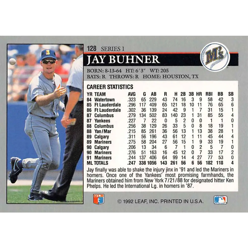 1992 Leaf #128 Jay Buhner NM-MT Seattle Mariners Baseball Card Image 2
