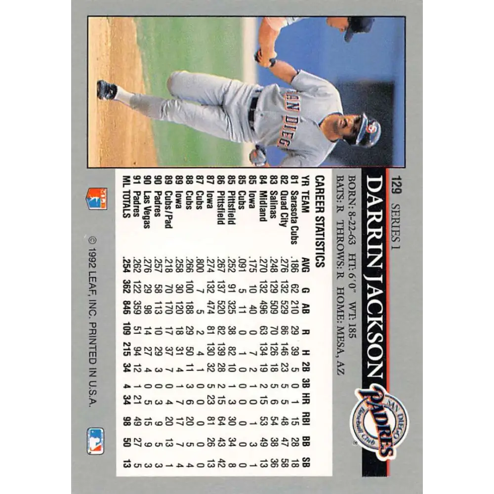 1992 Leaf #129 Darrin Jackson NM-MT San Diego Padres Baseball Card Image 2