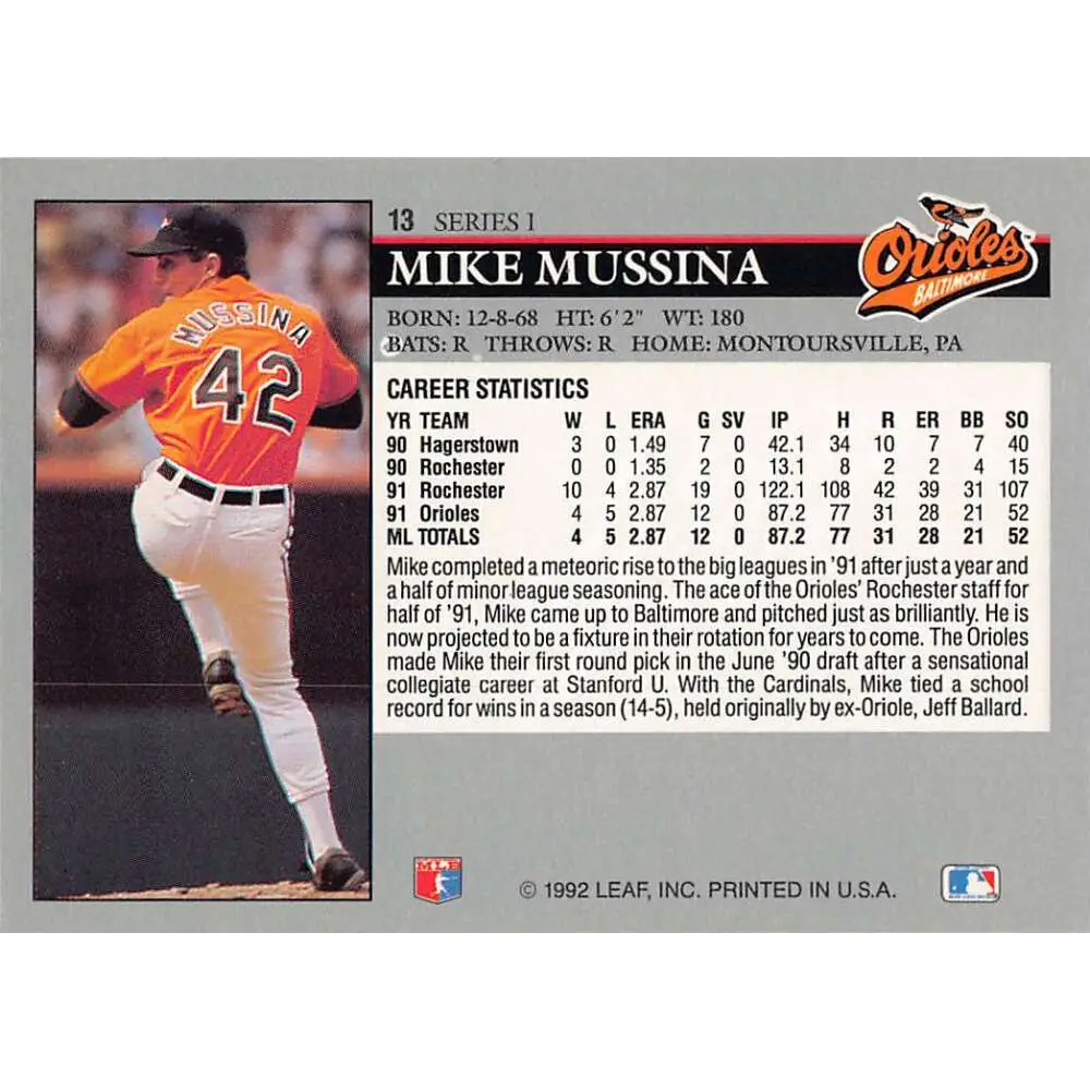 1992 Leaf #13 Mike Mussina NM-MT Baltimore Orioles Baseball Card Image 2