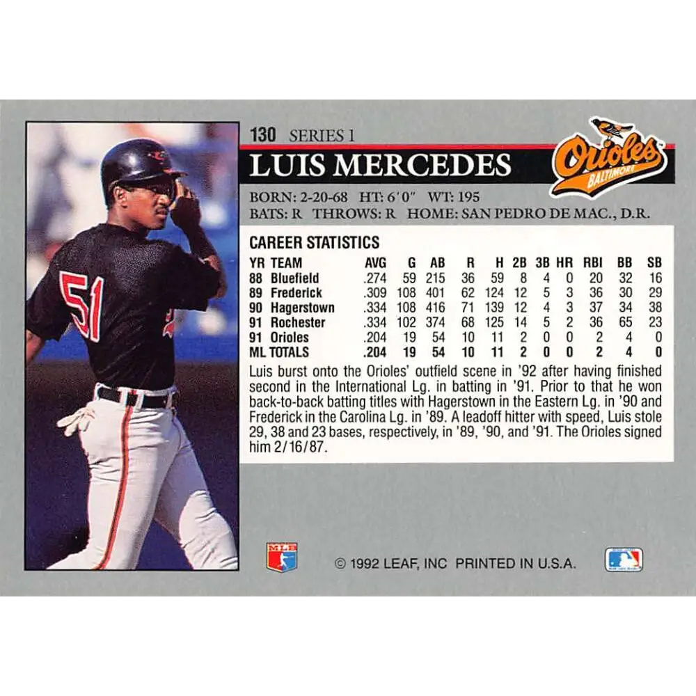 1992 Leaf #130 Luis Mercedes NM-MT Baltimore Orioles Baseball Card Image 2