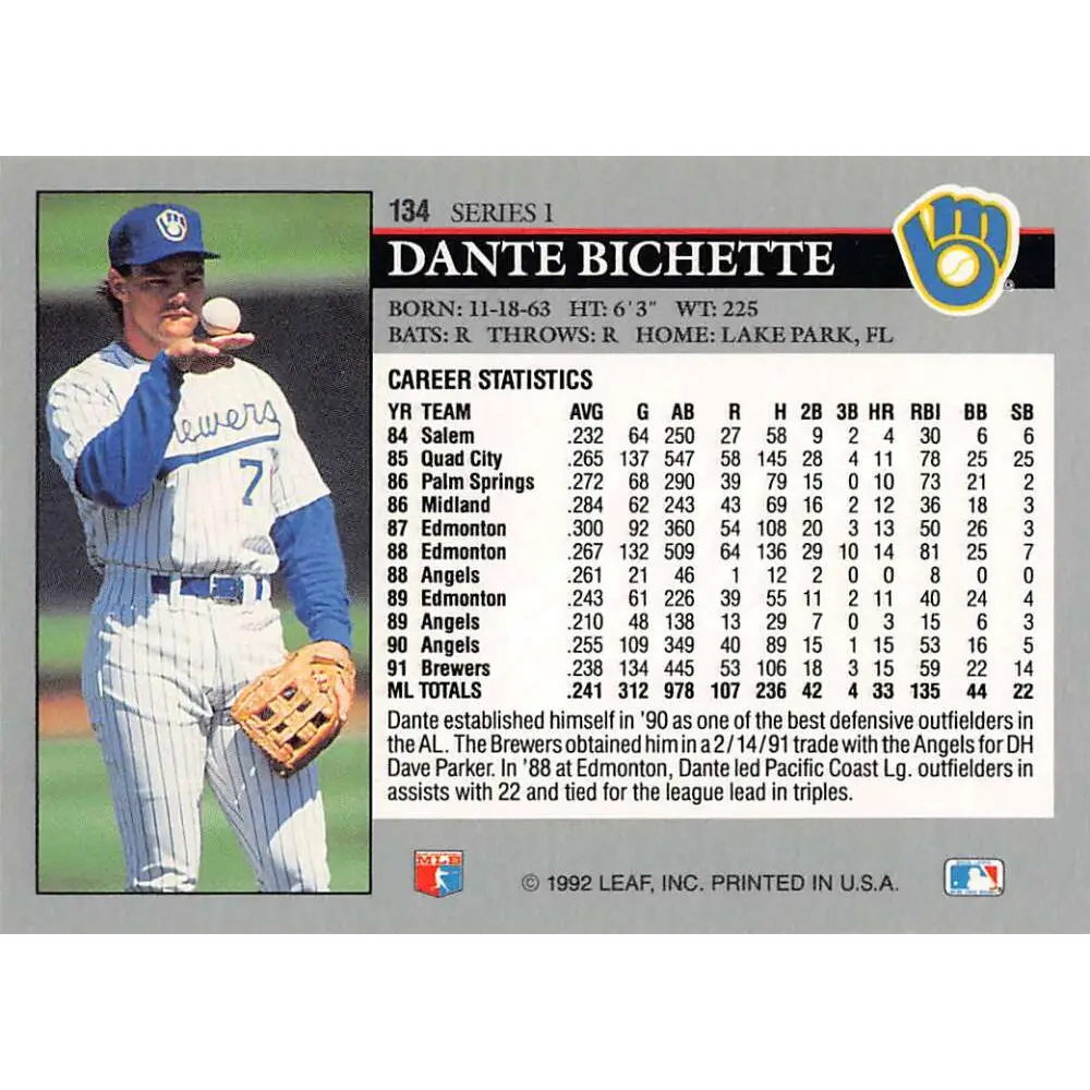 1992 Leaf #134 Dante Bichette NM-MT Milwaukee Brewers Baseball Card Image 2