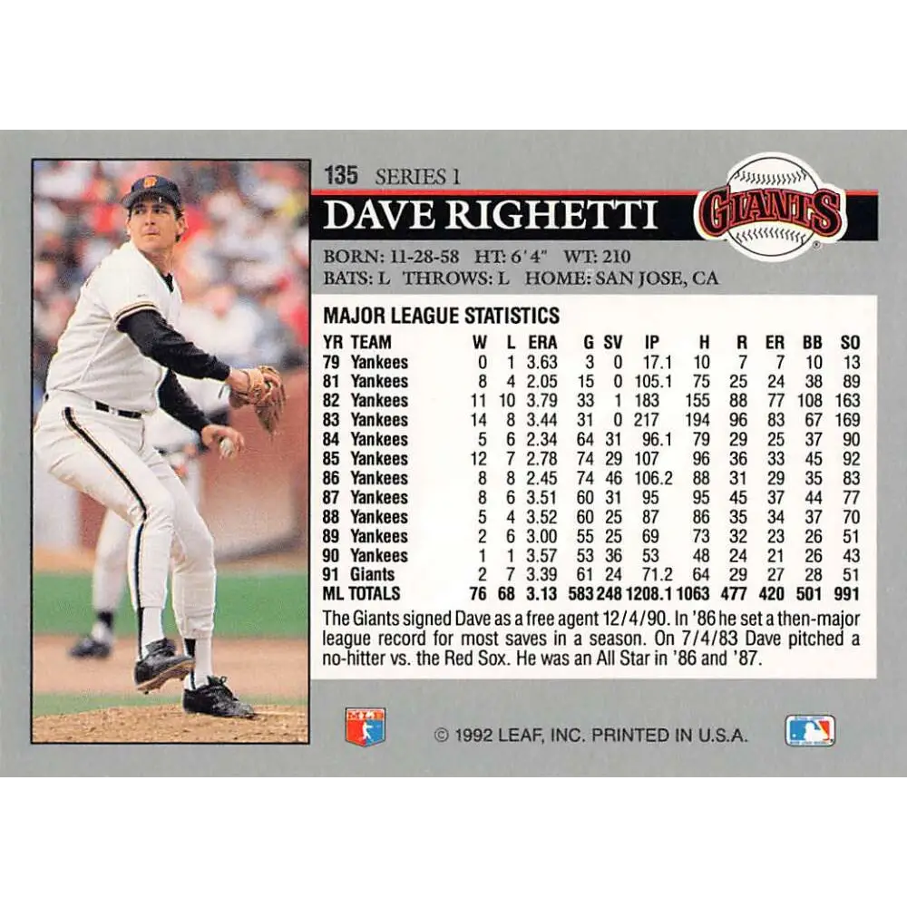 1992 Leaf #135 Dave Righetti NM-MT San Francisco Giants Baseball Card Image 2