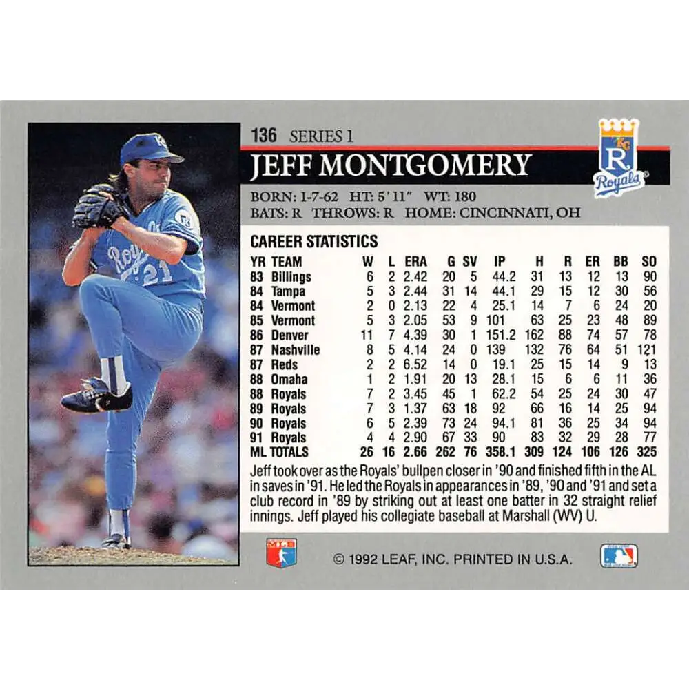 1992 Leaf #136 Jeff Montgomery NM-MT Kansas City Royals Baseball Card Image 2