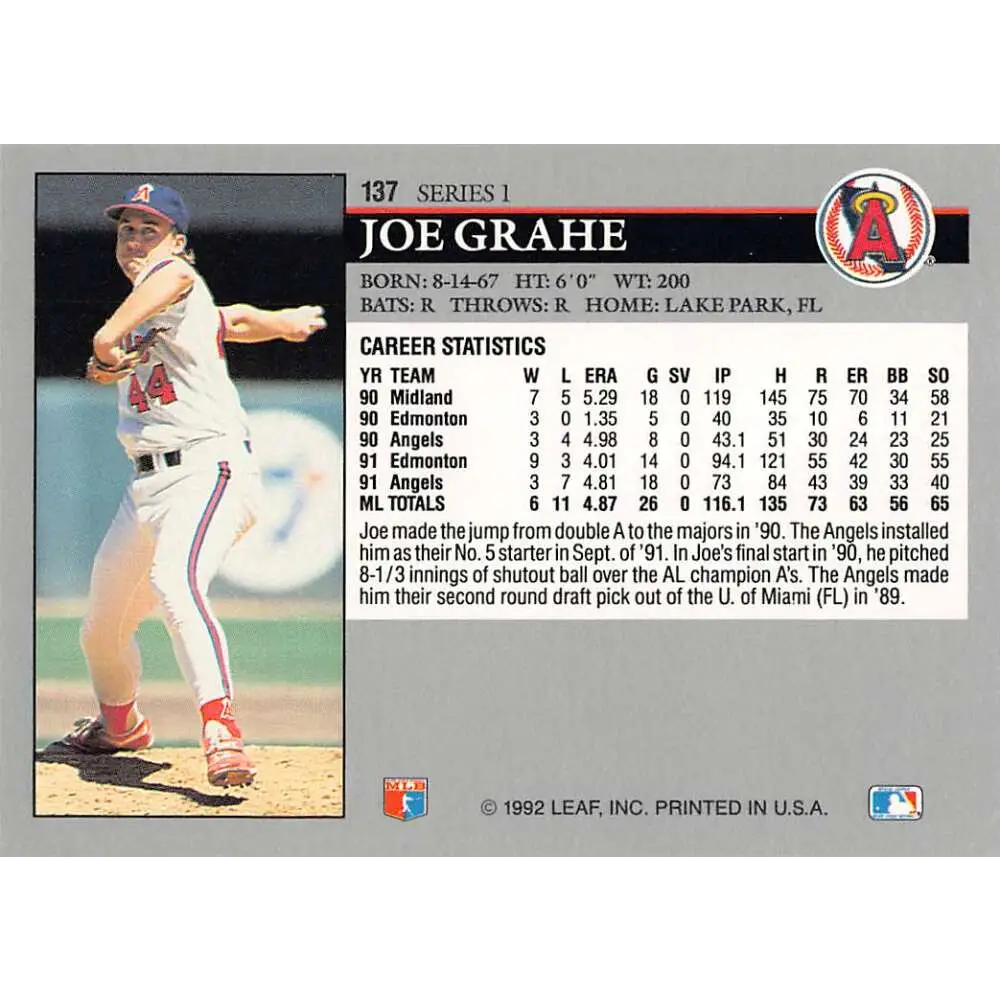 1992 Leaf #137 Joe Grahe NM-MT California Angels Baseball Card Image 2