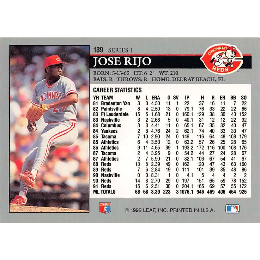 1992 Leaf #139 Jose Rijo NM-MT Cincinnati Reds Baseball Card Image 2