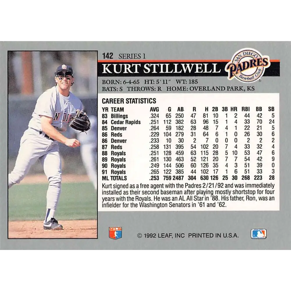 1992 Leaf #142 Kurt Stillwell NM-MT San Diego Padres Baseball Card Image 2