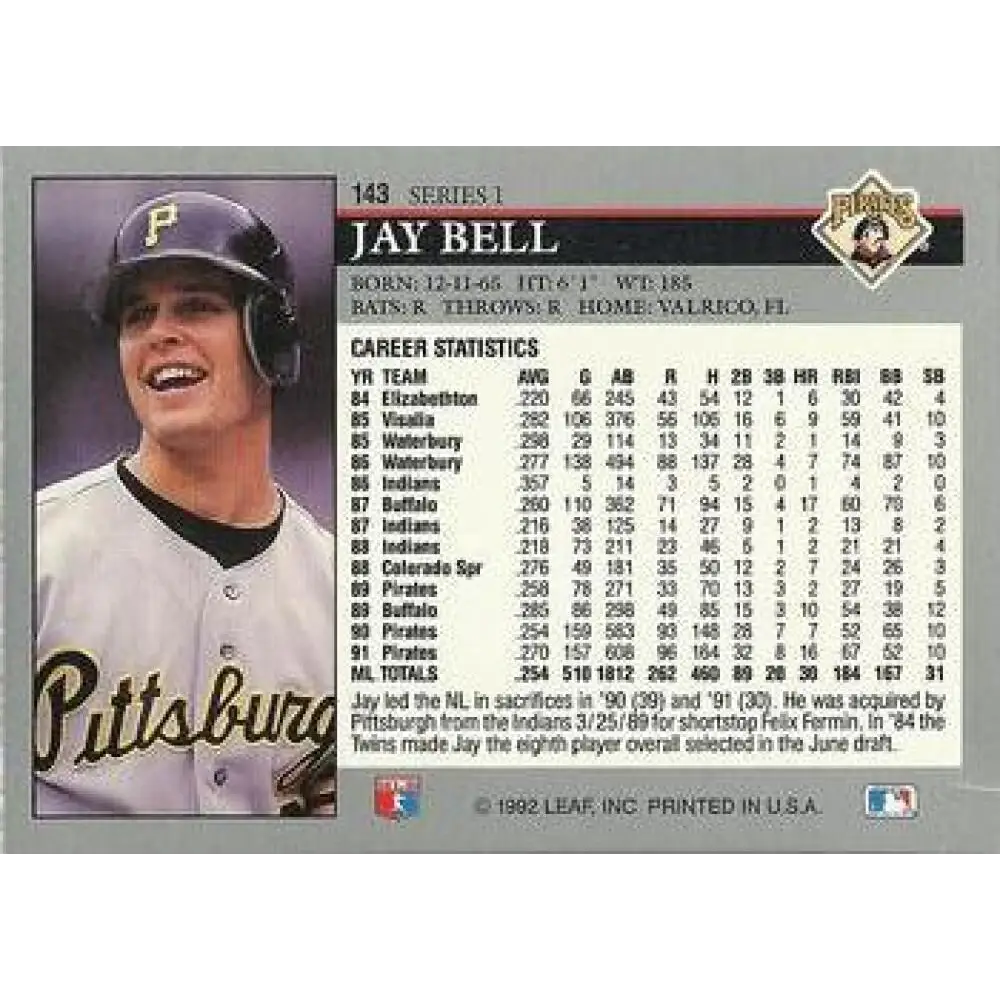 1992 Leaf #143 Jay Bell NM-MT Pittsburgh Pirates Baseball Card Image 2