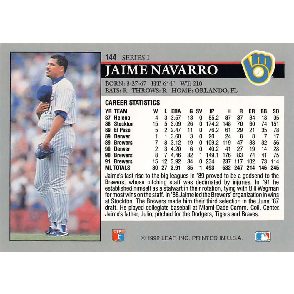 1992 Leaf #144 Jaime Navarro NM-MT Milwaukee Brewers Baseball Card Image 2