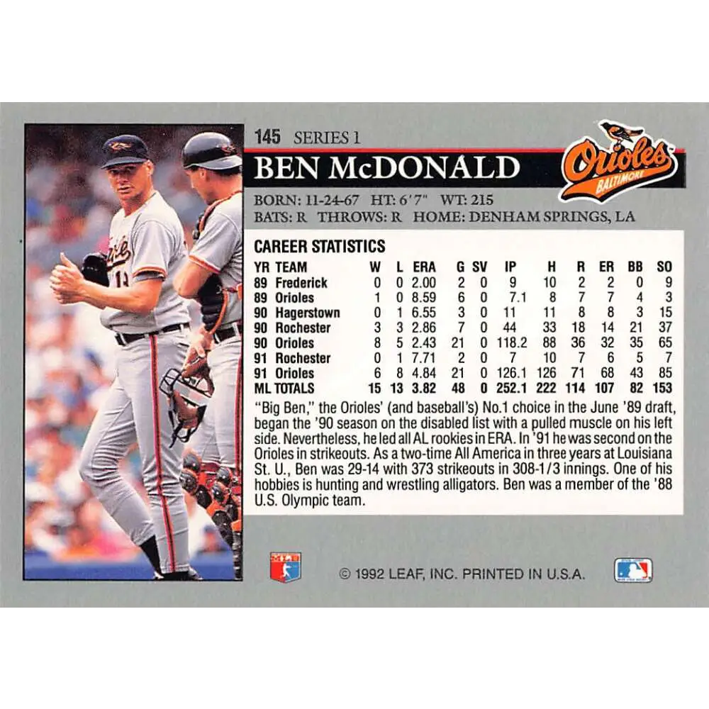 1992 Leaf #145 Ben McDonald NM-MT Baltimore Orioles Baseball Card Image 2