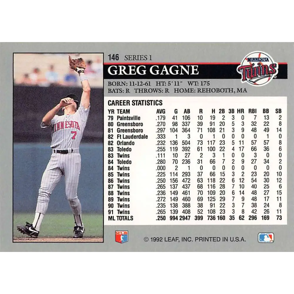 1992 Leaf #146 Greg Gagne NM-MT Minnesota Twins Baseball Card Image 2