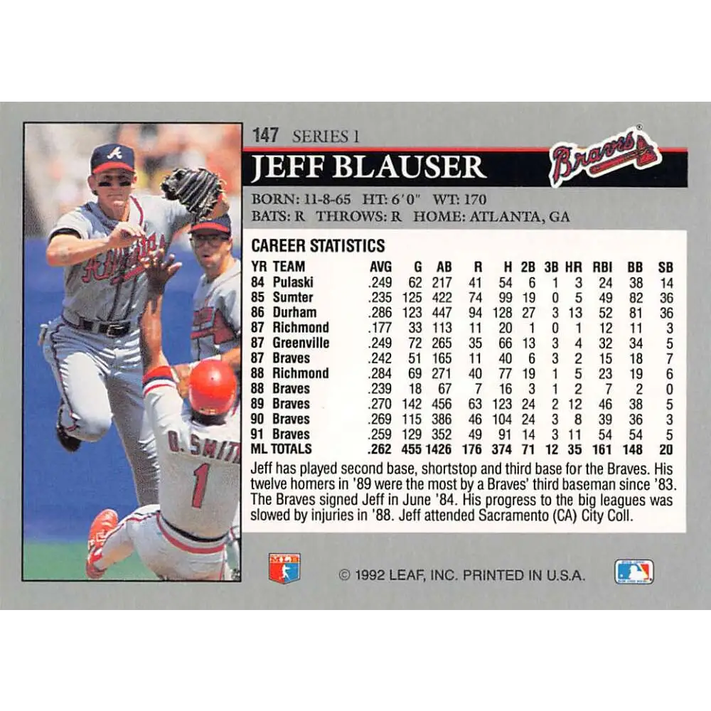 1992 Leaf #147 Jeff Blauser NM-MT Atlanta Braves Baseball Card Image 2