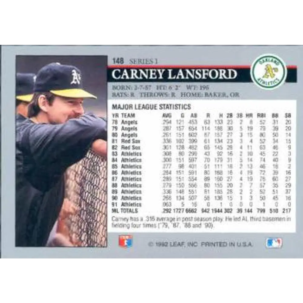 1992 Leaf #148 Carney Lansford NM-MT Oakland Athletics Baseball Card Image 2