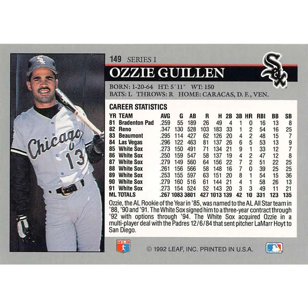 1992 Leaf #149 Ozzie Guillen NM-MT Chicago White Sox Baseball Card Image 2