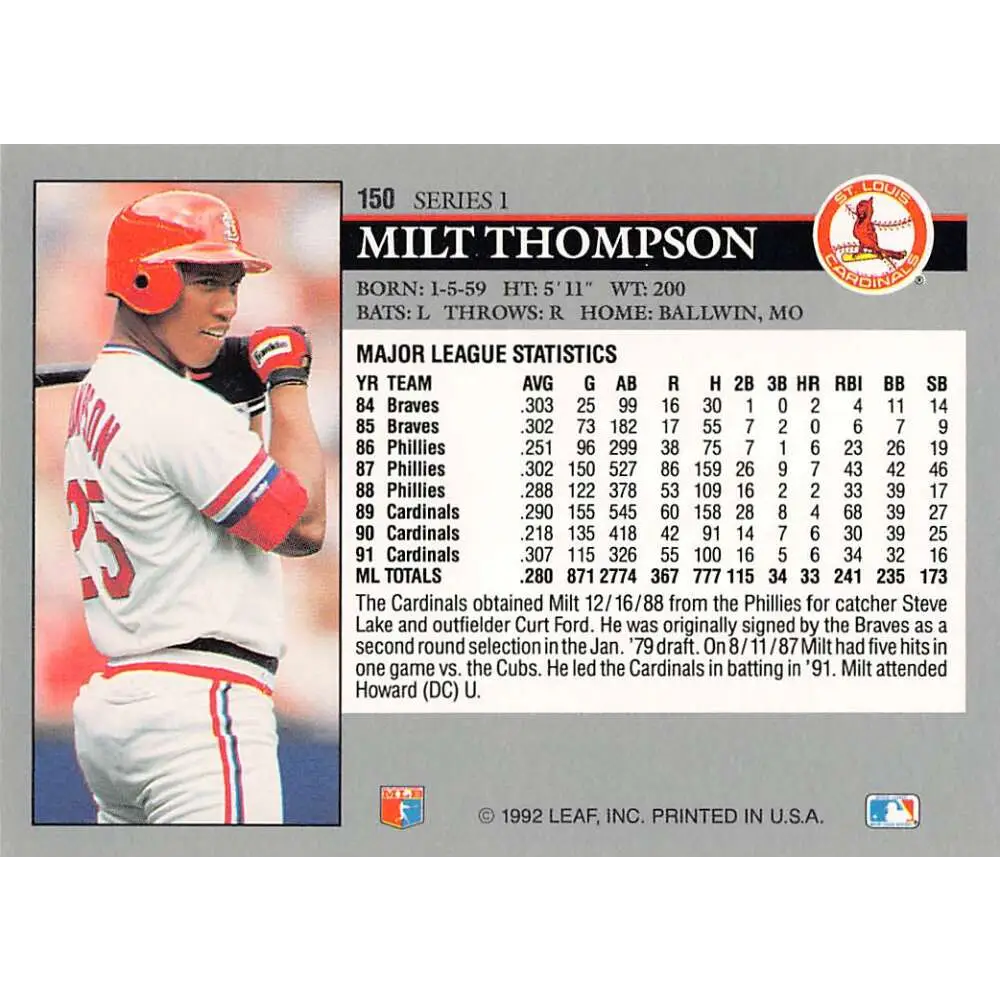 1992 Leaf #150 Milt Thompson NM-MT St. Louis Cardinals Baseball Card Image 2