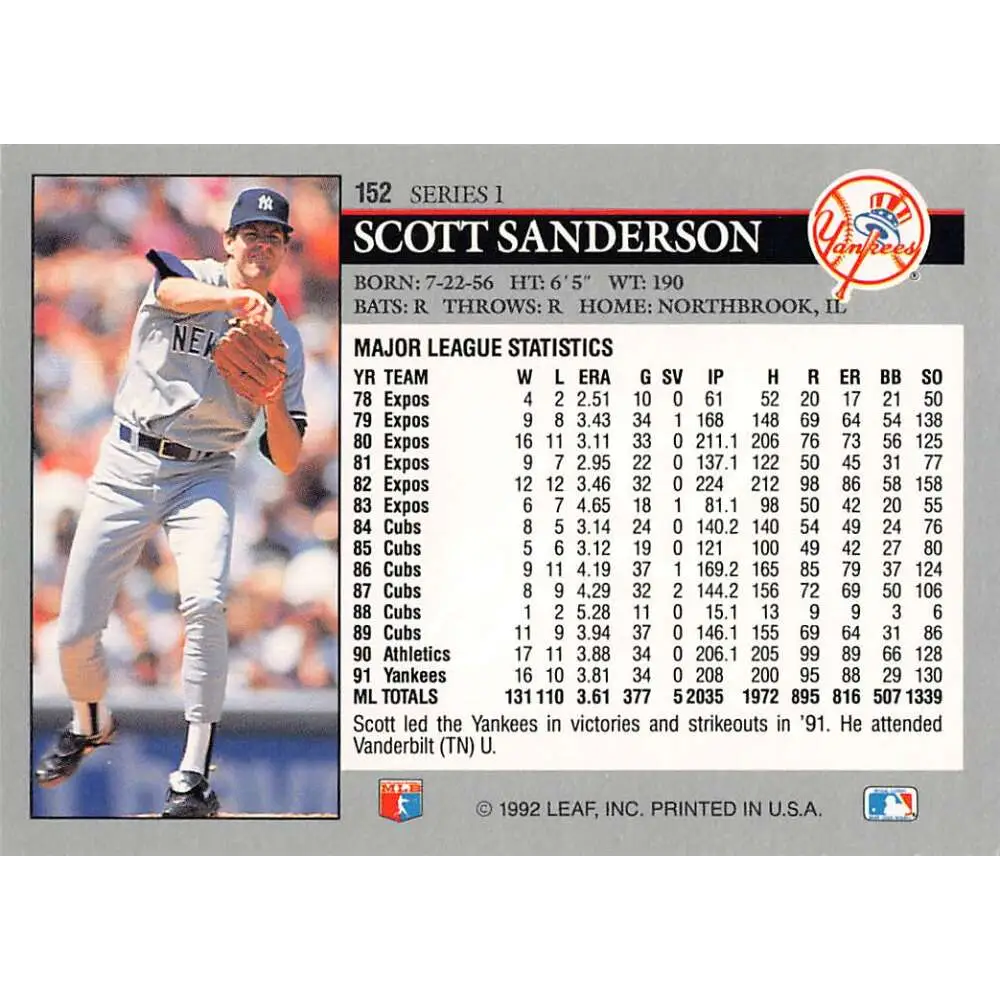 1992 Leaf #152 Scott Sanderson NM-MT New York Yankees Baseball Card Image 2