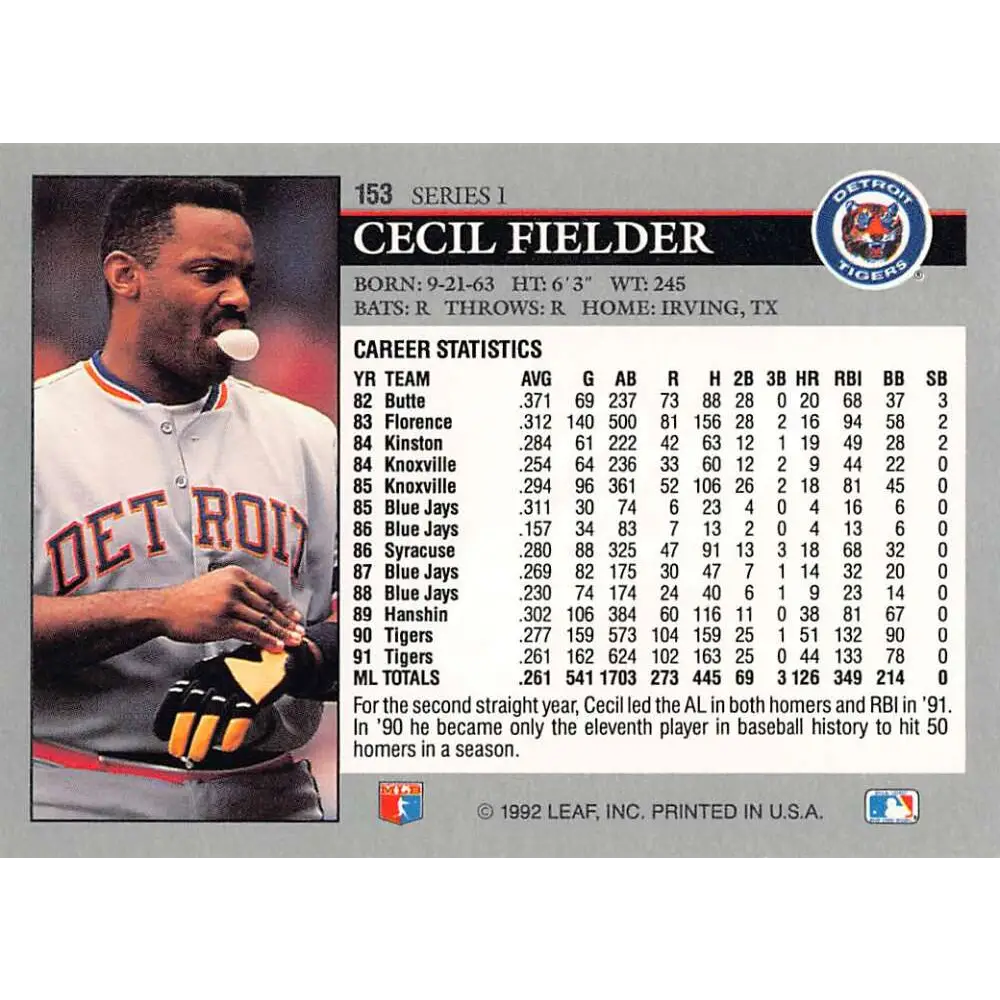 1992 Leaf #153 Cecil Fielder NM-MT Detroit Tigers Baseball Card Image 2