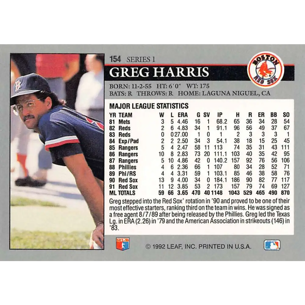1992 Leaf #154 Greg Harris NM-MT Boston Red Sox Baseball Card Image 2