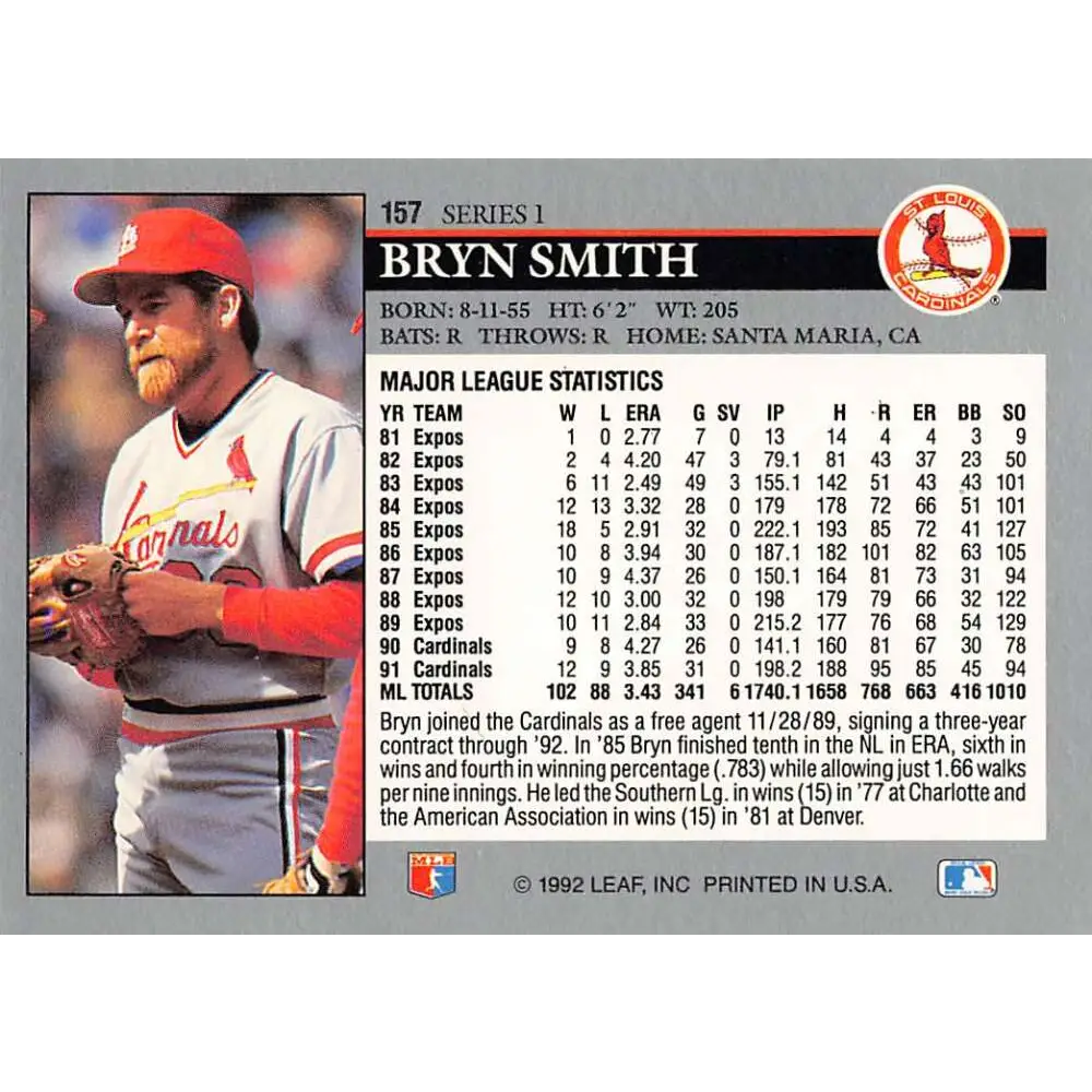 1992 Leaf #157 Bryn Smith NM-MT St. Louis Cardinals Baseball Card Image 2