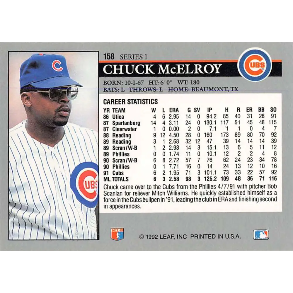 1992 Leaf #158 Chuck McElroy NM-MT Chicago Cubs Baseball Card Image 2