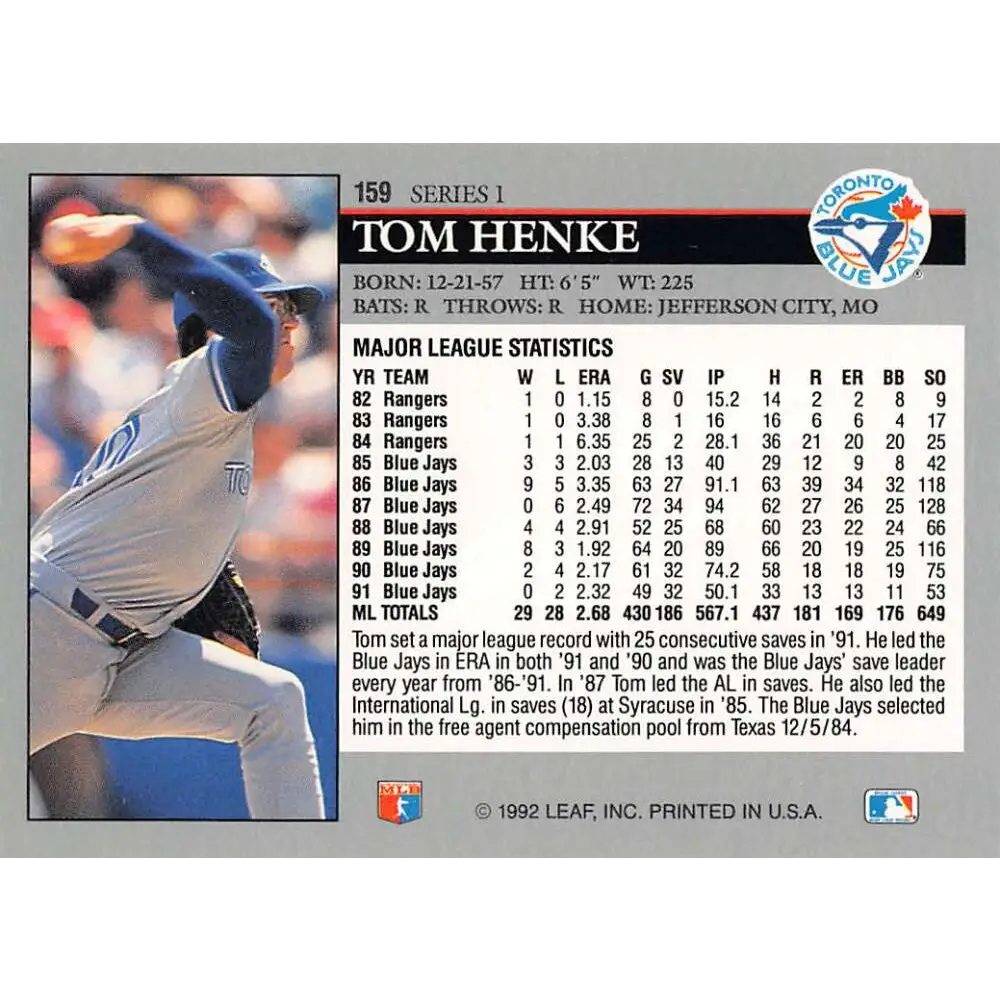 1992 Leaf #159 Tom Henke NM-MT Toronto Blue Jays Baseball Card Image 2