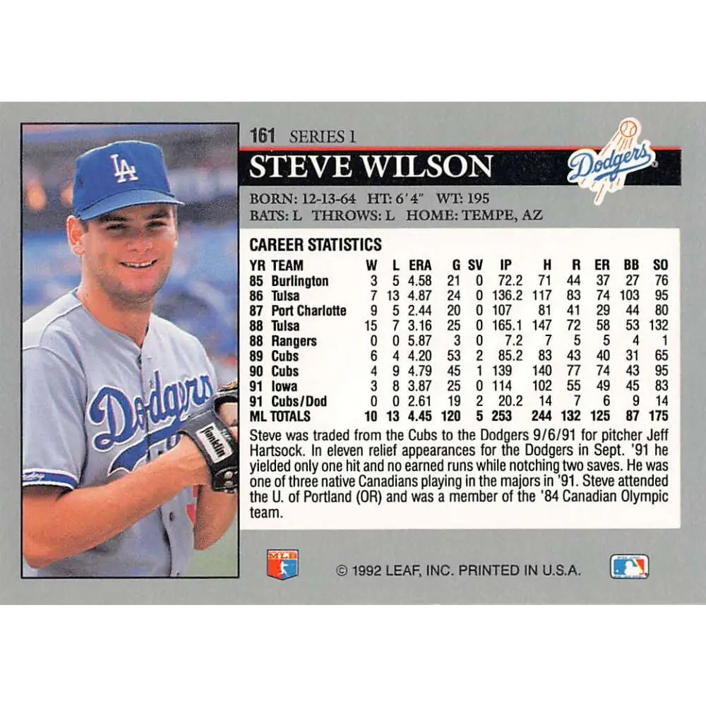 1992 Leaf #161 Steve Wilson NM-MT Los Angeles Dodgers Baseball Card Image 2