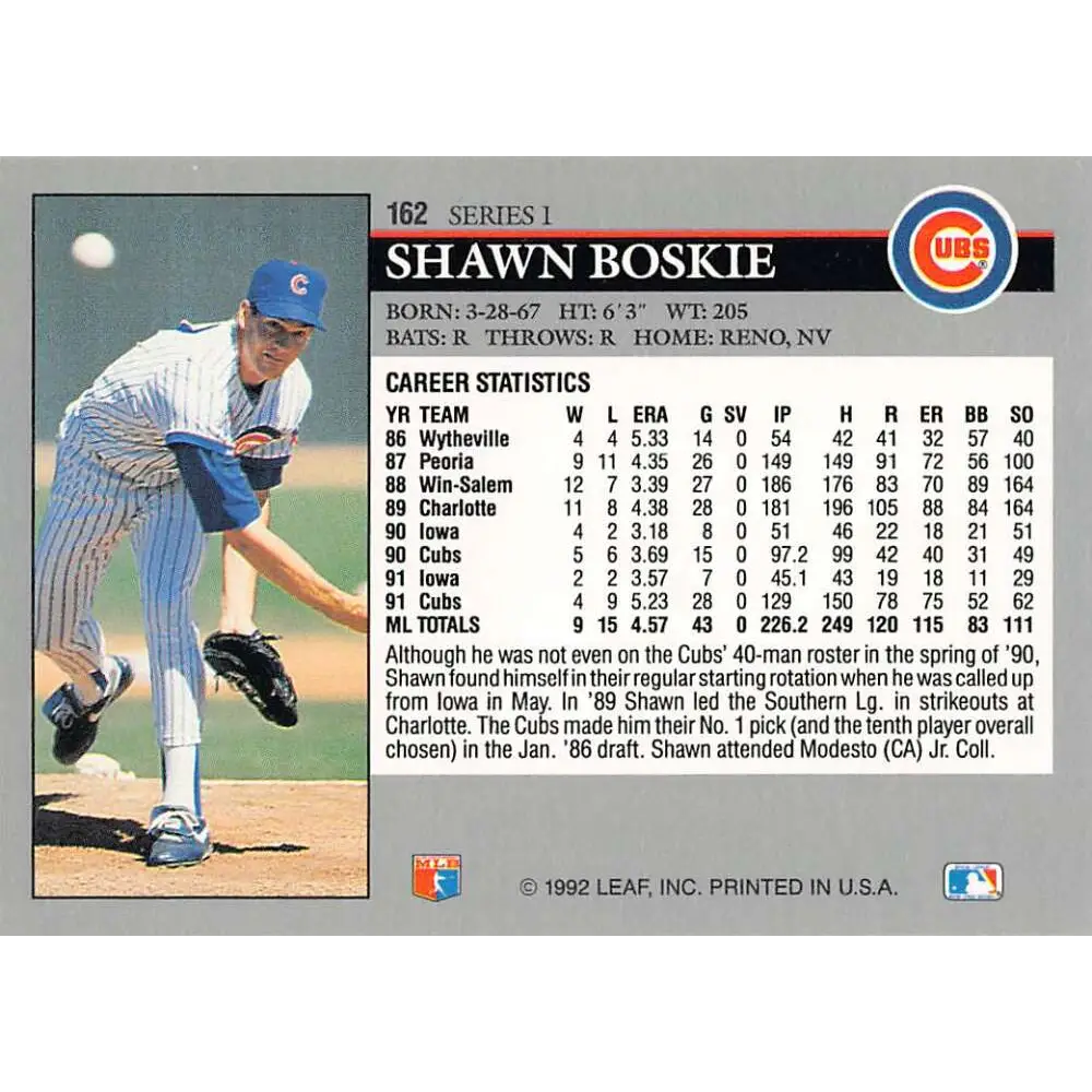 1992 Leaf #162 Shawn Boskie NM-MT Chicago Cubs Baseball Card Image 2